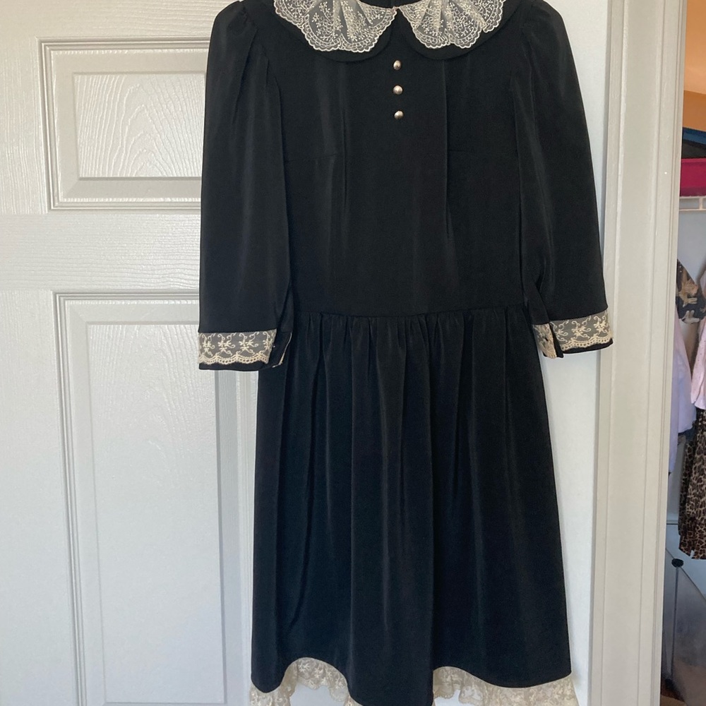 Handmade unique black dress with lace trim inXS